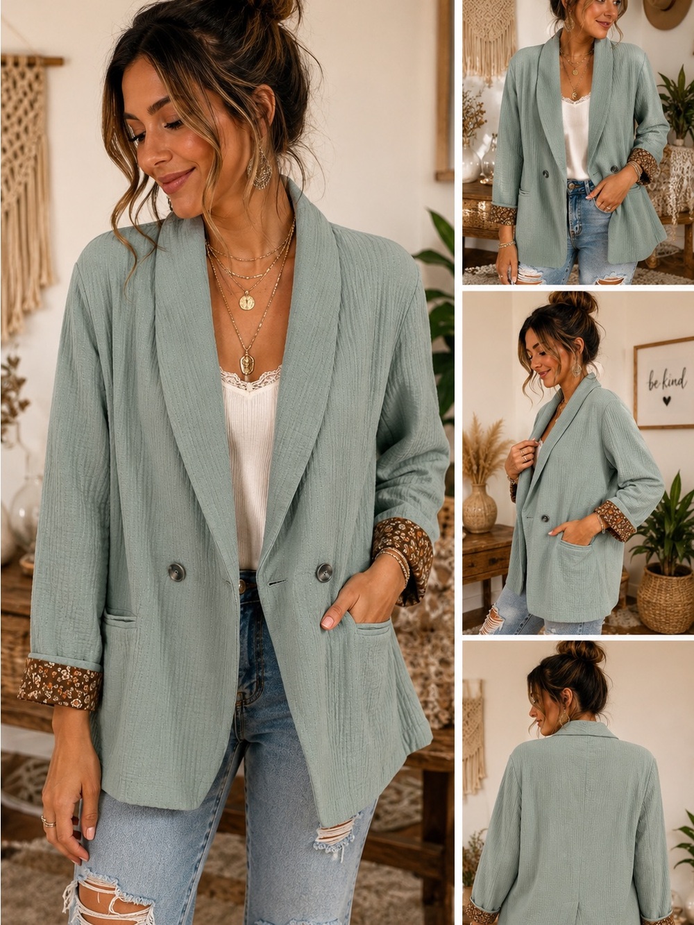 Women's Sea Blue Double-Breasted Textured Blazer